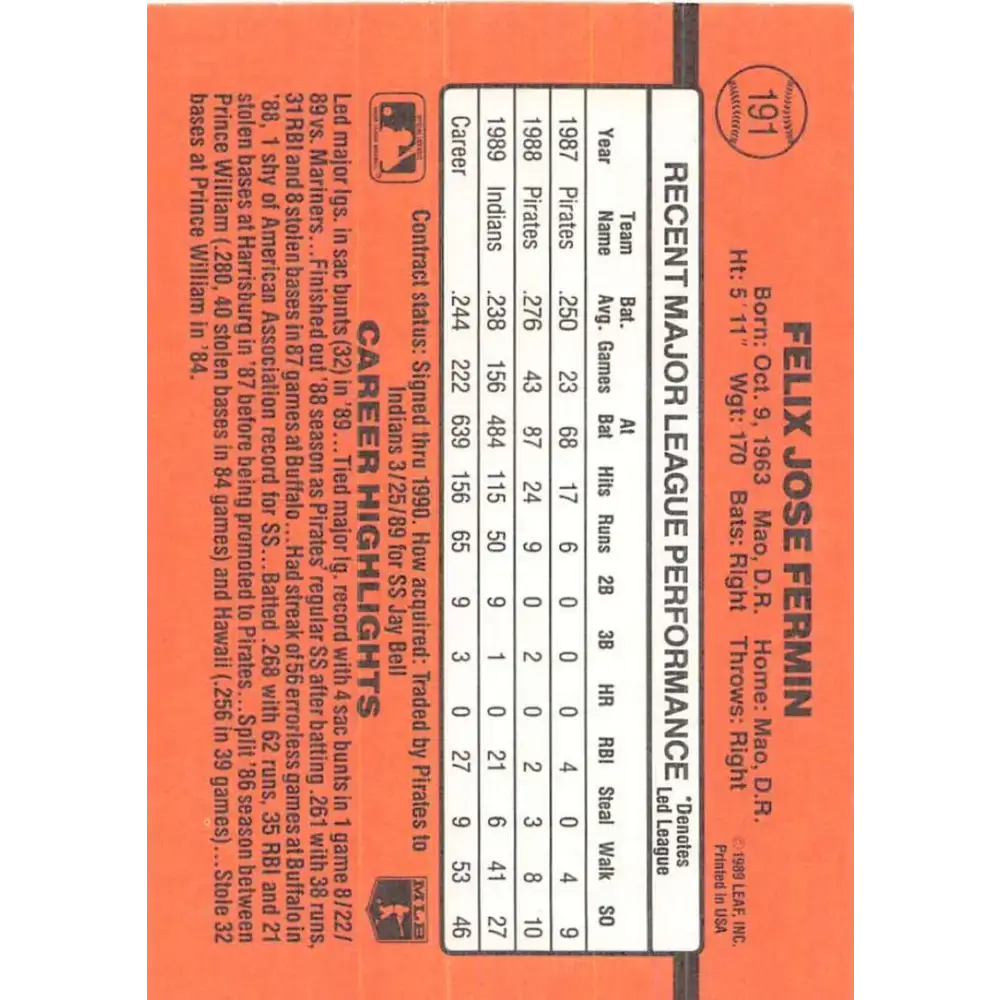1990 Donruss #191 Felix Fermin VG-EX Cleveland Indians Baseball Card - Baseball Card Single