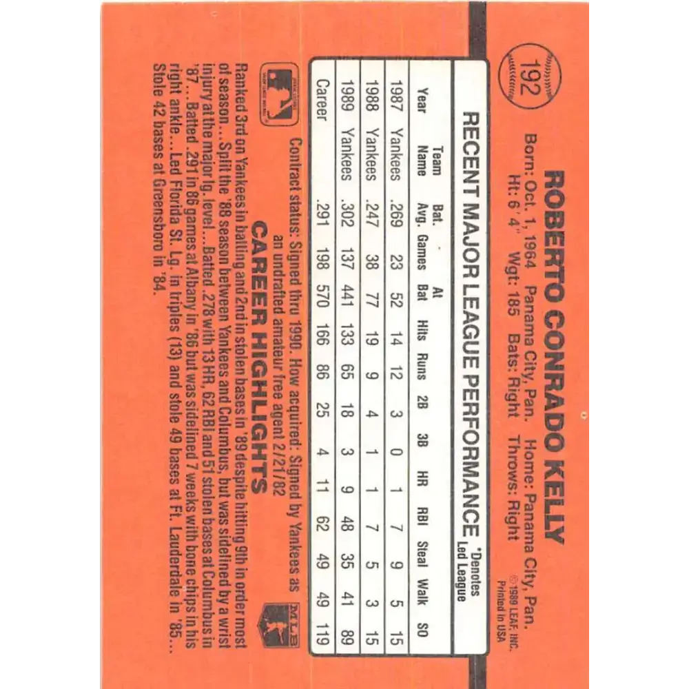 1990 Donruss #192 Roberto Kelly VG-EX New York Yankees Baseball Card - Baseball Card Single