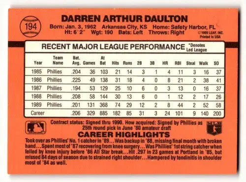 1990 Donruss #194 Darren Daulton Philadelphia Phillies Baseball Card ID:56222 - Baseball Card Single