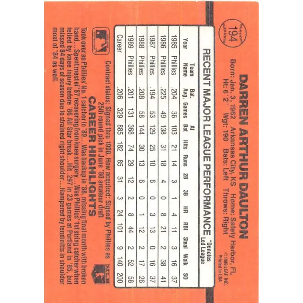 1990 Donruss #194 Darren Daulton VG-EX Philadelphia Phillies Baseball Card - Baseball Card Single