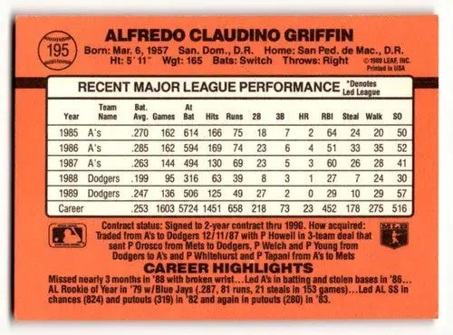 1990 Donruss #195 Alfredo Griffin Los Angeles Dodgers Baseball Cards ID:54695 - Baseball Card Single