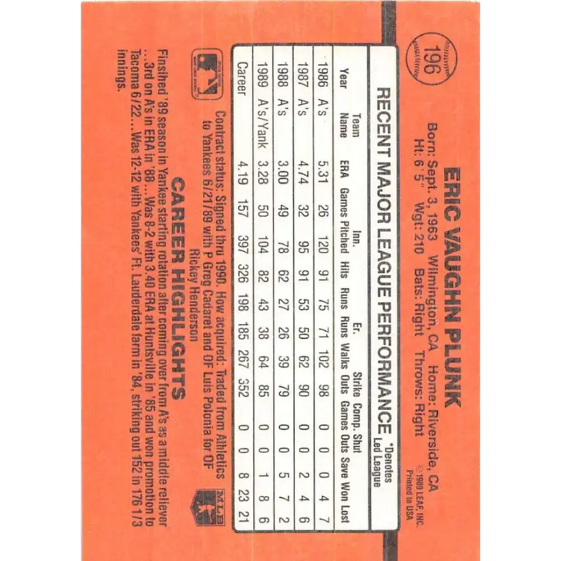 1990 Donruss #196 Eric Plunk VG-EX New York Yankees Baseball Card - Baseball Card Single
