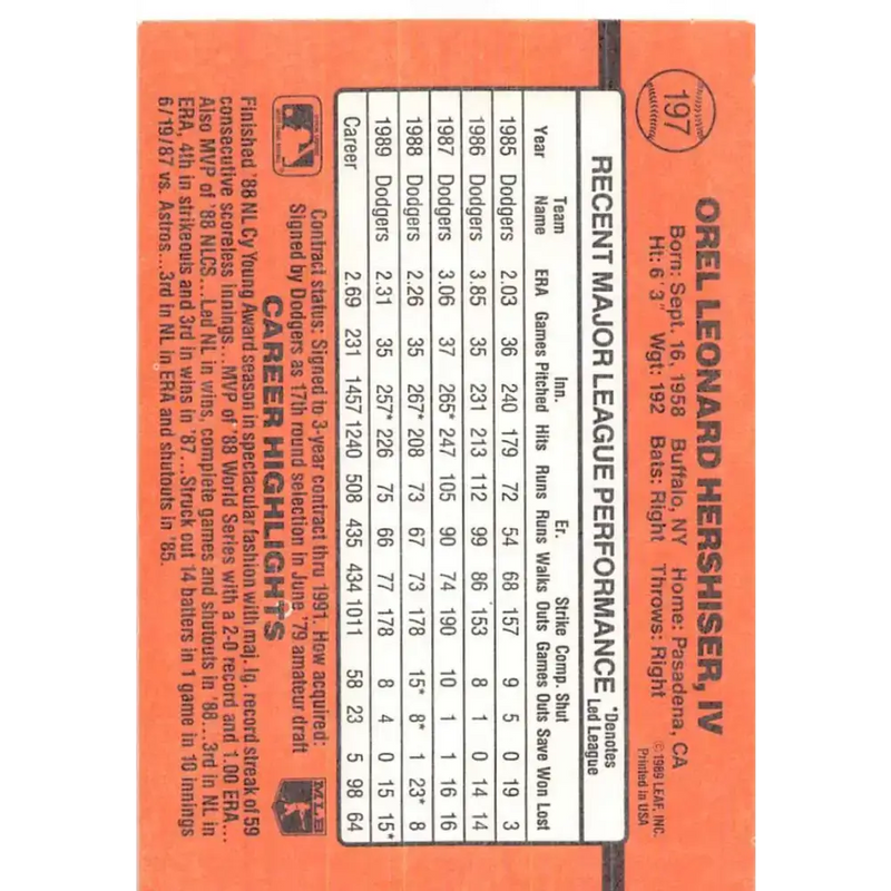 1990 Donruss #197 Orel Hershiser VG-EX Los Angeles Dodgers Baseball Card - Baseball Card Single