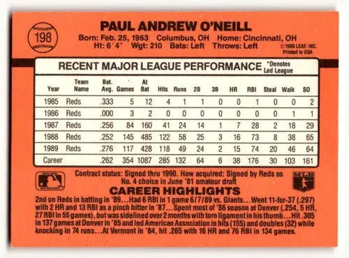 Original gloss 1990 Donruss Paul O’Neill Cincinnati Reds baseball card on display