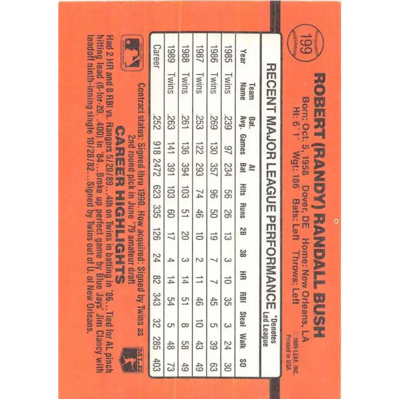 1990 Donruss #199 Randy Bush VG-EX Minnesota Twins Baseball Card - Baseball Card Single
