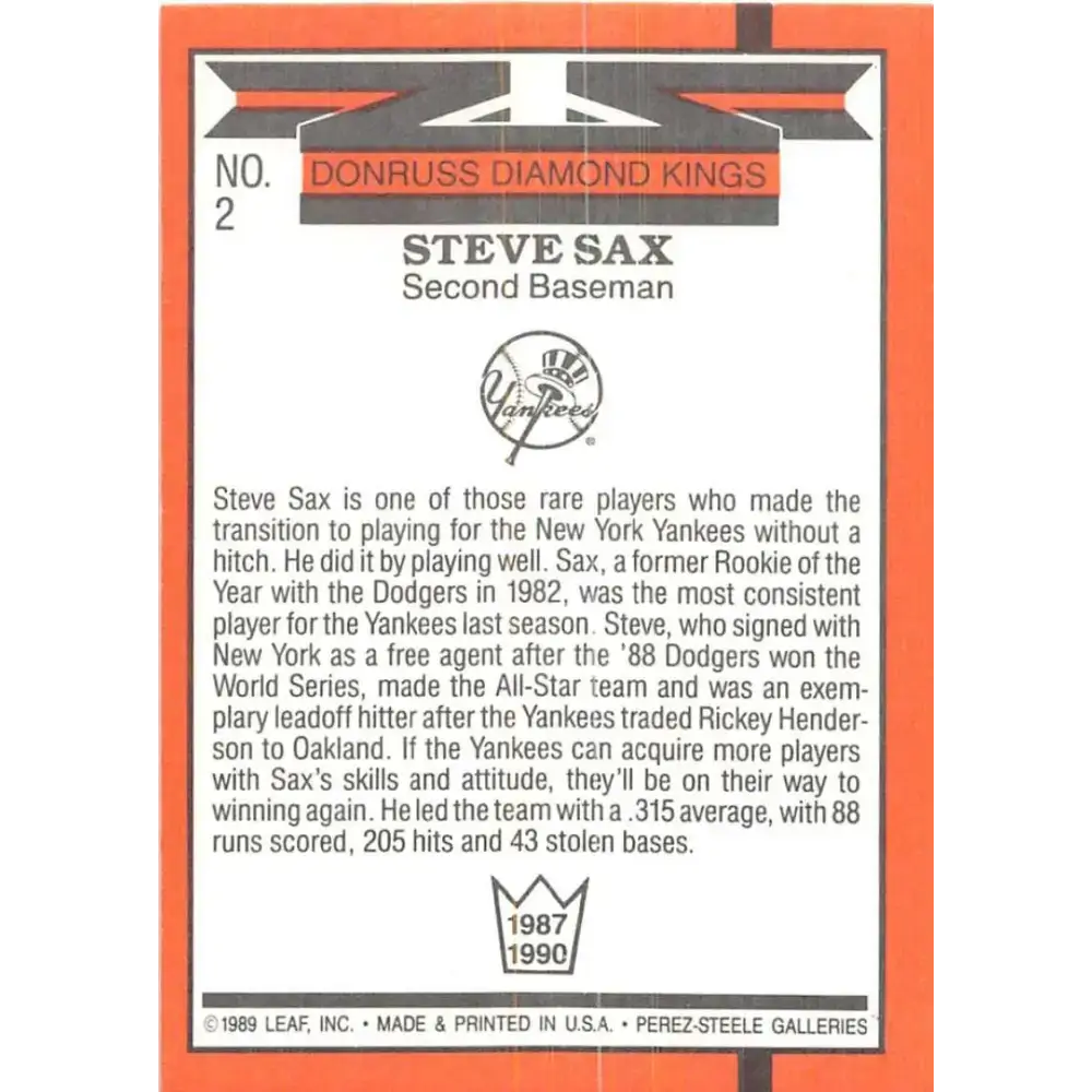1990 Donruss #2 Steve Sax DK VG-EX New York Yankees Baseball Card - Baseball Card Single