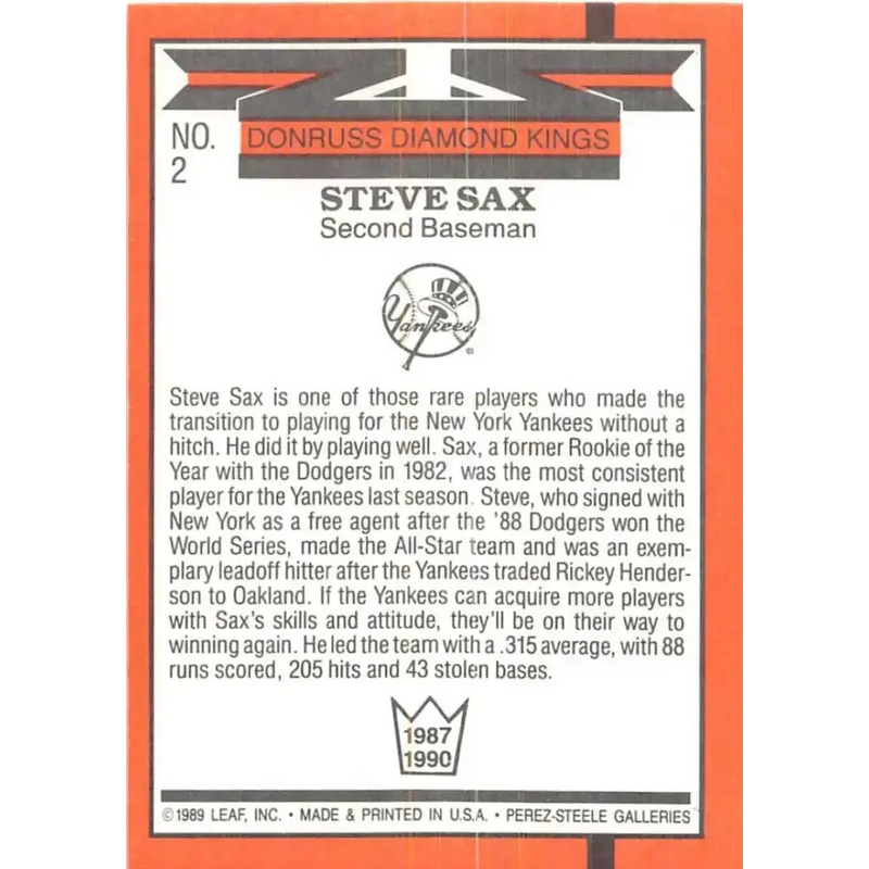 1990 Donruss #2 Steve Sax DK VG-EX New York Yankees Baseball Card - Baseball Card Single