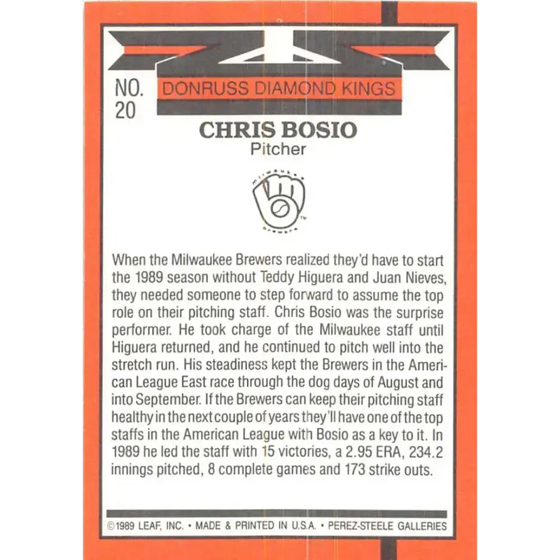 1990 Donruss #20 Chris Bosio DK VG-EX Milwaukee Brewers Baseball Card - Baseball Card Single
