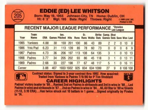 1990 Donruss #205 Ed Whitson San Diego Padres Baseball Cards EX/NM ID:56183 - Baseball Card Single