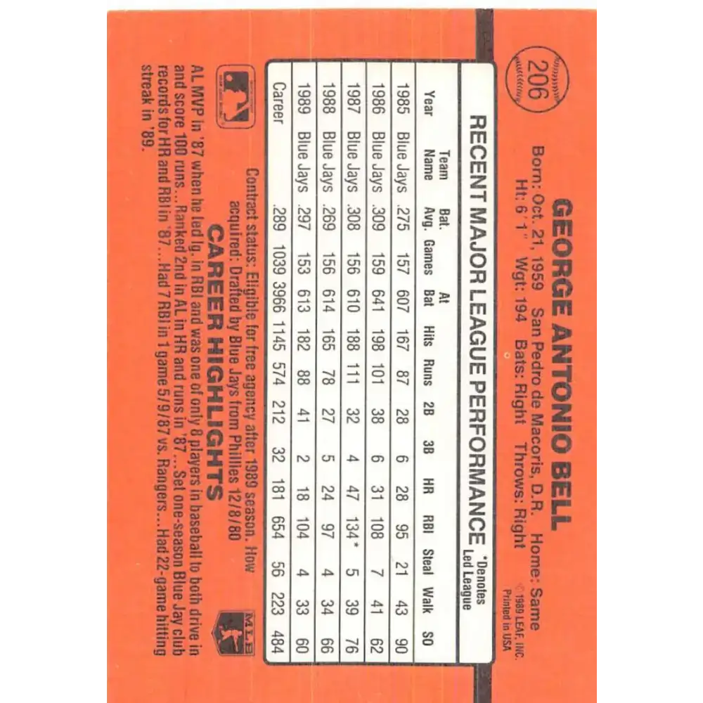 1990 Donruss #206 George Bell VG-EX Toronto Blue Jays Baseball Card - Baseball Card Single