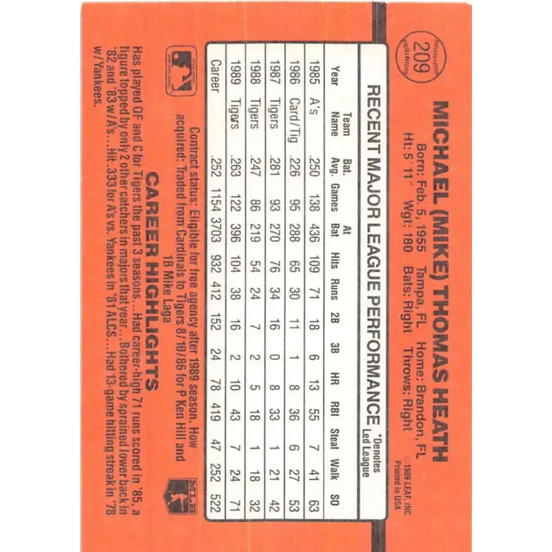 1990 Donruss #209 Mike Heath VG-EX Detroit Tigers Baseball Card - Baseball Card Single