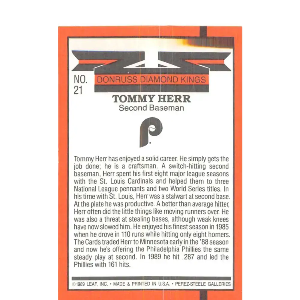 1990 Donruss #21 Tom Herr DK DP VG-EX Philadelphia Phillies Baseball Card - Baseball Card Single