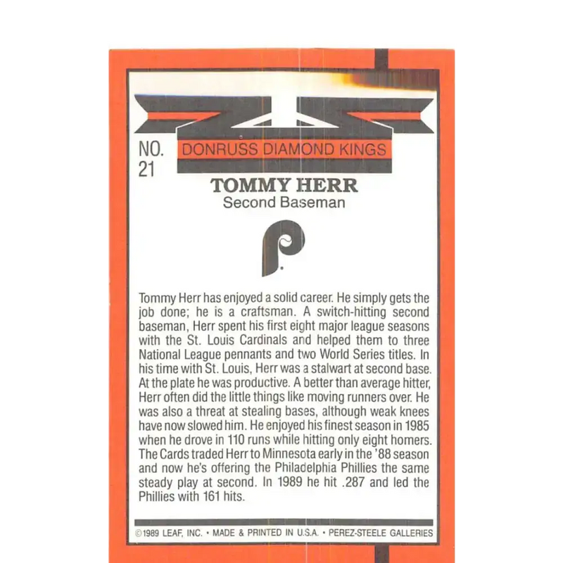 1990 Donruss #21 Tom Herr DK DP VG-EX Philadelphia Phillies Baseball Card - Baseball Card Single