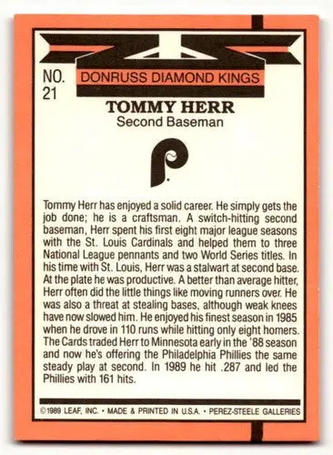 1990 Donruss #21 Tommy Herr Philadelphia Phillies Baseball Cards EX/ ID:56204 - Baseball Card Single