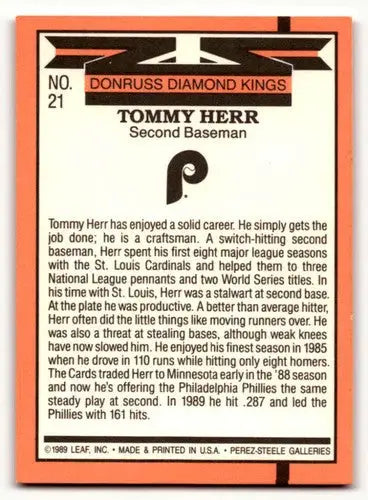 1990 Donruss #21 Tommy Herr Philadelphia Phillies Baseball Cards EX/ ID:56203 - Baseball Card Single