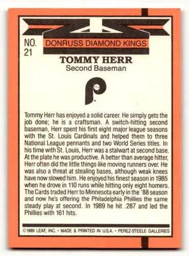 1990 Donruss #21 Tommy Herr Philadelphia Phillies Baseball Cards EX/ ID:56205 - Baseball Card Single