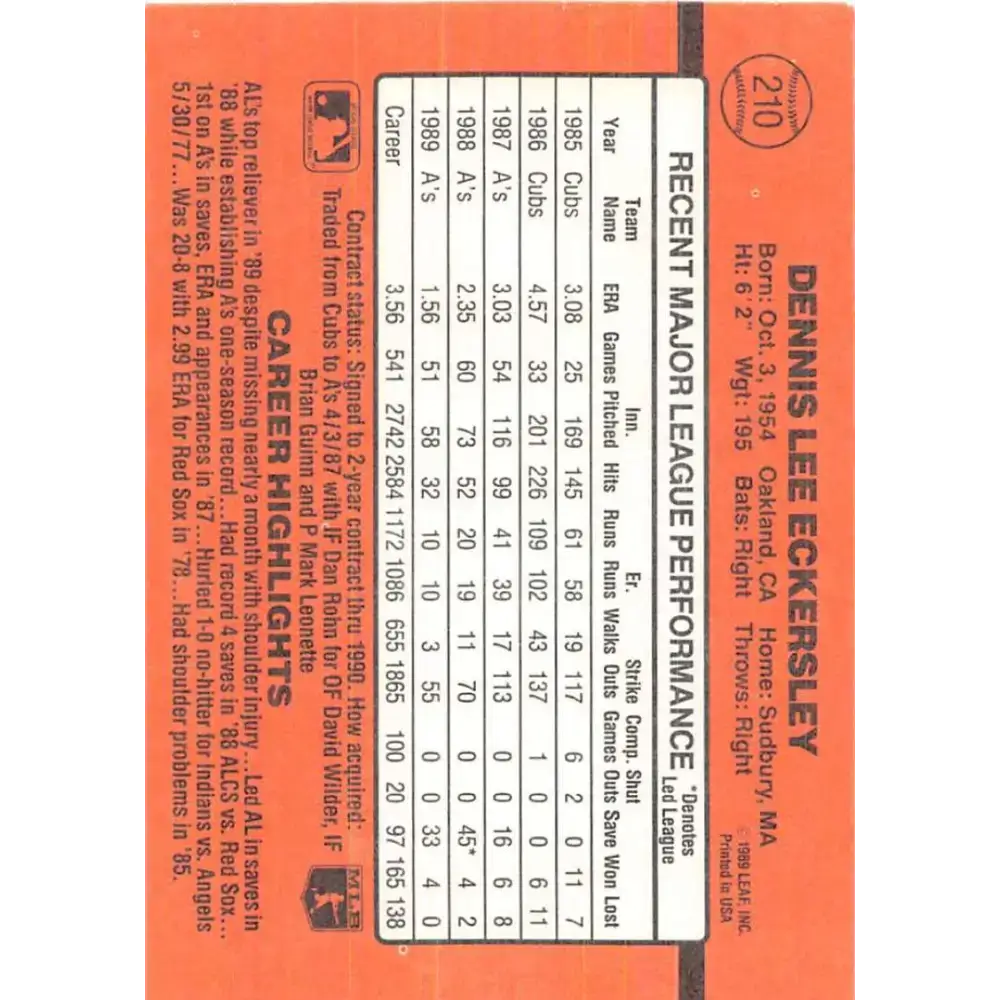 1990 Donruss #210 Dennis Eckersley VG-EX Oakland Athletics Baseball Card - Baseball Card Single