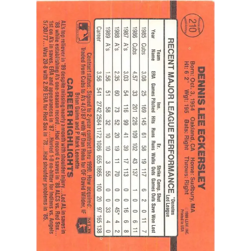 1990 Donruss #210 Dennis Eckersley VG-EX Oakland Athletics Baseball Card - Baseball Card Single