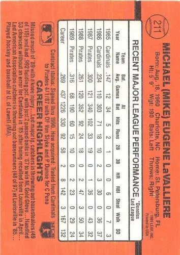 1990 Donruss #211 Mike LaValliere NM-MT Pirates - Baseball Card Single
