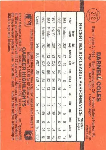 1990 Donruss #212 Darnell Coles NM-MT Mariners - Baseball Card Single