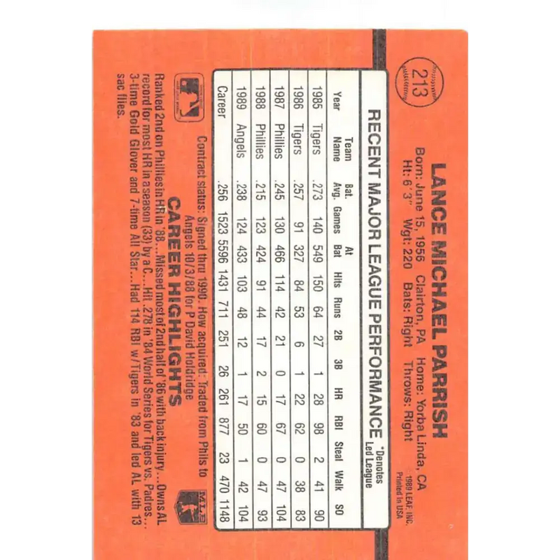 1990 Donruss #213 Lance Parrish VG-EX California Angels Baseball Card - Baseball Card Single