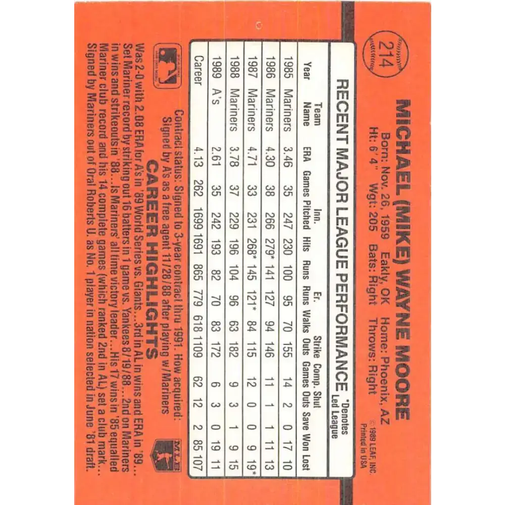 1990 Donruss #214 Mike Moore VG-EX Oakland Athletics Baseball Card - Baseball Card Single