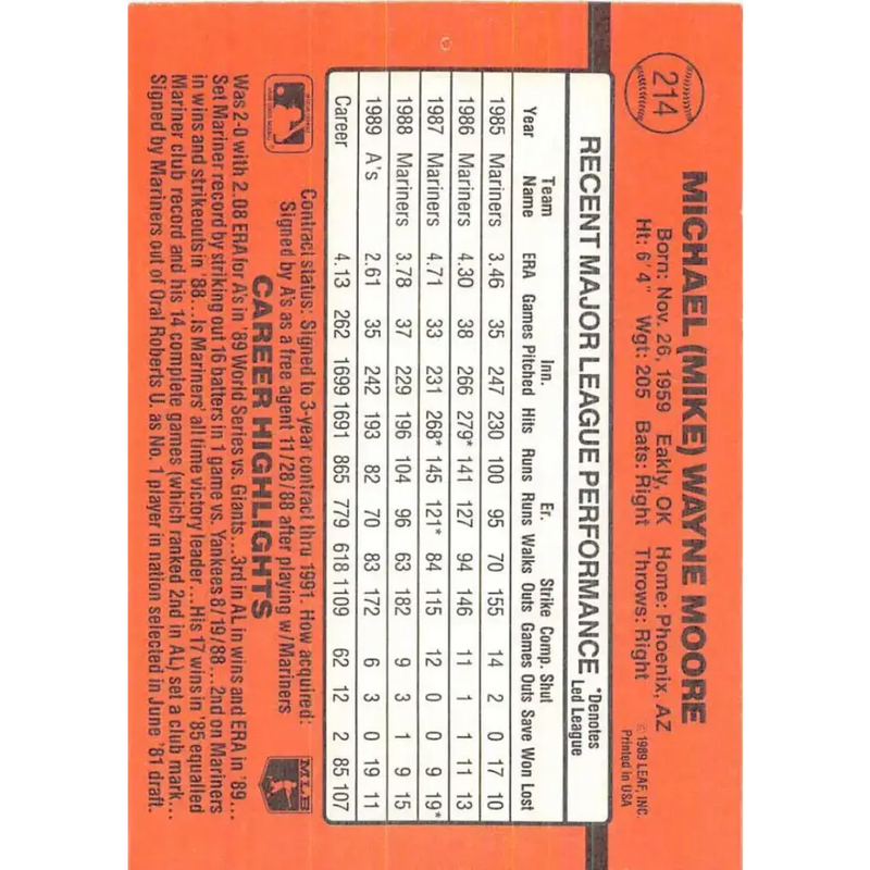 1990 Donruss #214 Mike Moore VG-EX Oakland Athletics Baseball Card - Baseball Card Single