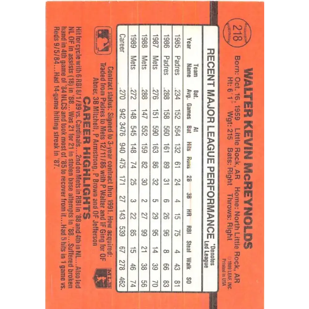 1990 Donruss #218 Kevin McReynolds VG-EX New York Mets Baseball Card - Baseball Card Single