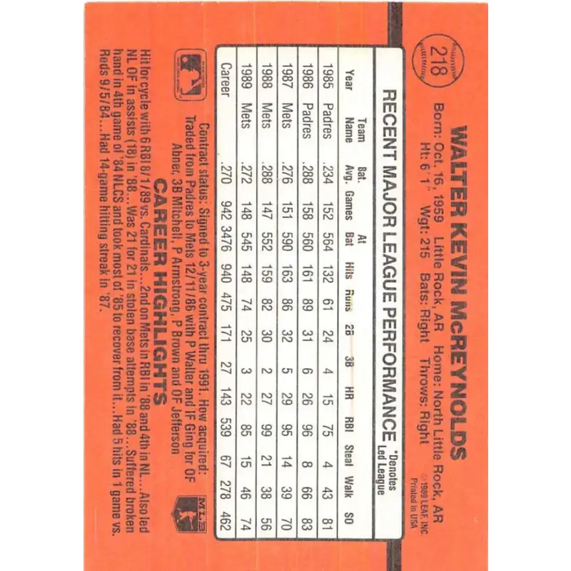 1990 Donruss #218 Kevin McReynolds VG-EX New York Mets Baseball Card - Baseball Card Single