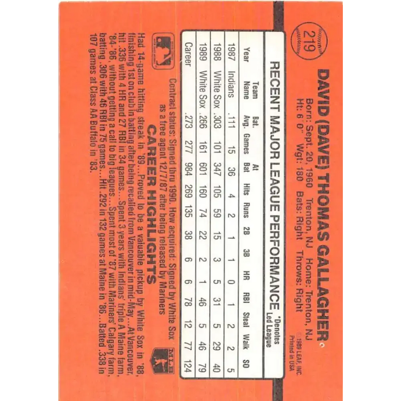 1990 Donruss #219 Dave Gallagher VG-EX Chicago White Sox Baseball Card - Baseball Card Single