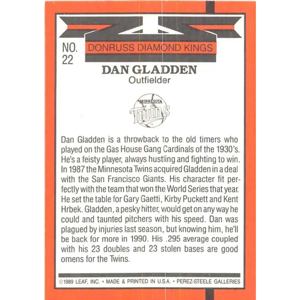 1990 Donruss #22 Dan Gladden DK VG-EX Minnesota Twins Baseball Card - Baseball Card Single