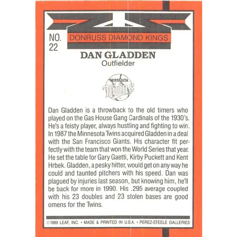 1990 Donruss #22 Dan Gladden DK VG-EX Minnesota Twins Baseball Card - Baseball Card Single