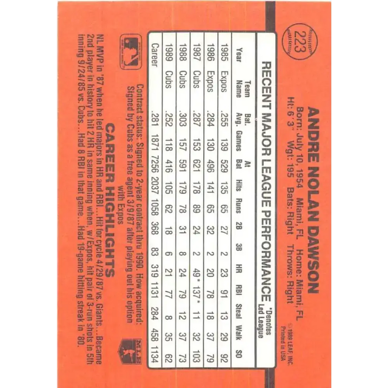 1990 Donruss #223 Andre Dawson VG-EX Chicago Cubs Baseball Card - Baseball Card Single