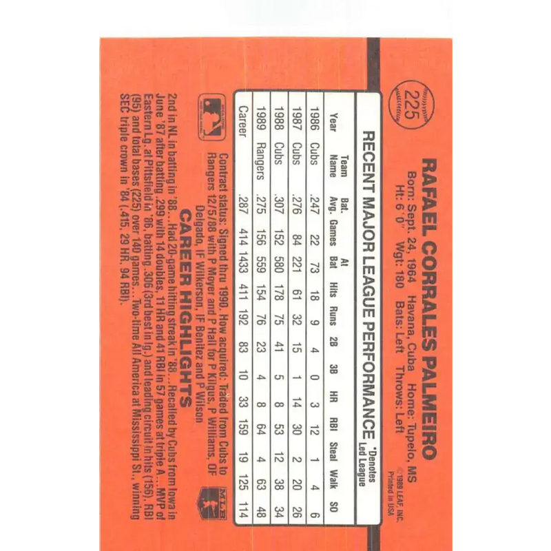 1990 Donruss #225 Rafael Palmeiro VG-EX Texas Rangers Baseball Card - Baseball Card Single