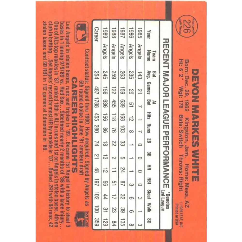 1990 Donruss #226 Devon White VG-EX California Angels Baseball Card - Baseball Card Single