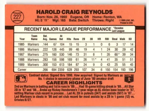 Harold Reynolds Seattle Mariners baseball card back from 1990 Donruss #227