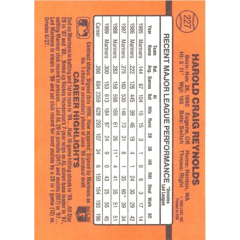 1990 Donruss #227 Harold Reynolds VG-EX Seattle Mariners Baseball Card - Baseball Card Single