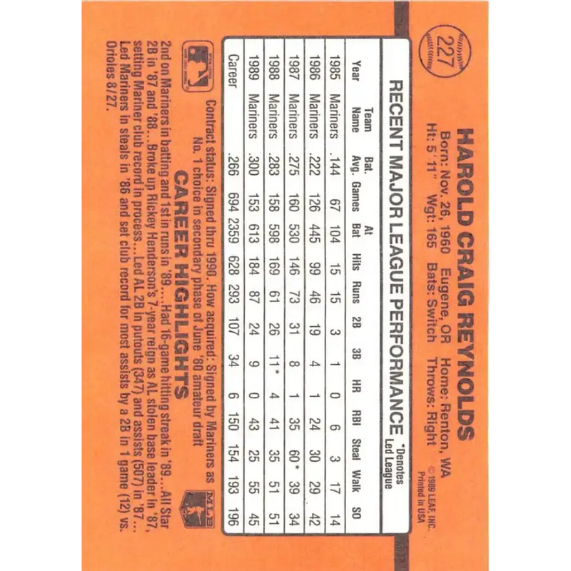 1990 Donruss #227 Harold Reynolds VG-EX Seattle Mariners Baseball Card - Baseball Card Single