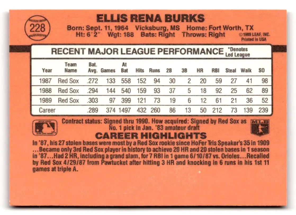 1990 Donruss #228 Ellis Burks - Baseball Card Single