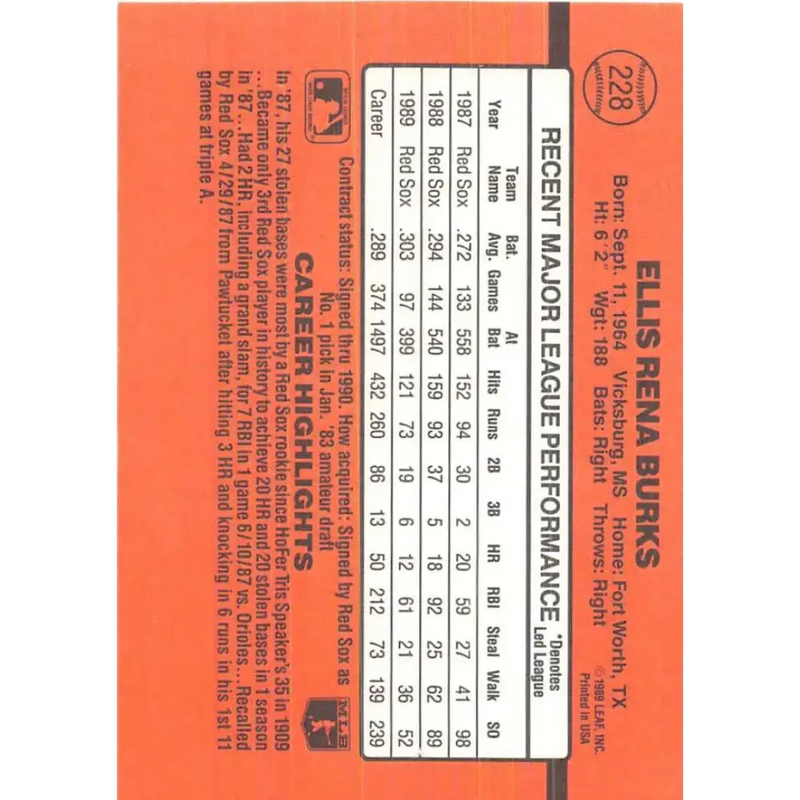 1990 Donruss #228 Ellis Burks VG-EX Boston Red Sox Baseball Card - Baseball Card Single