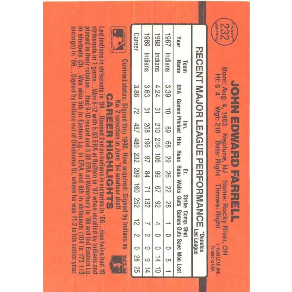 1990 Donruss #232 John Farrell VG-EX Cleveland Indians Baseball Card - Baseball Card Single