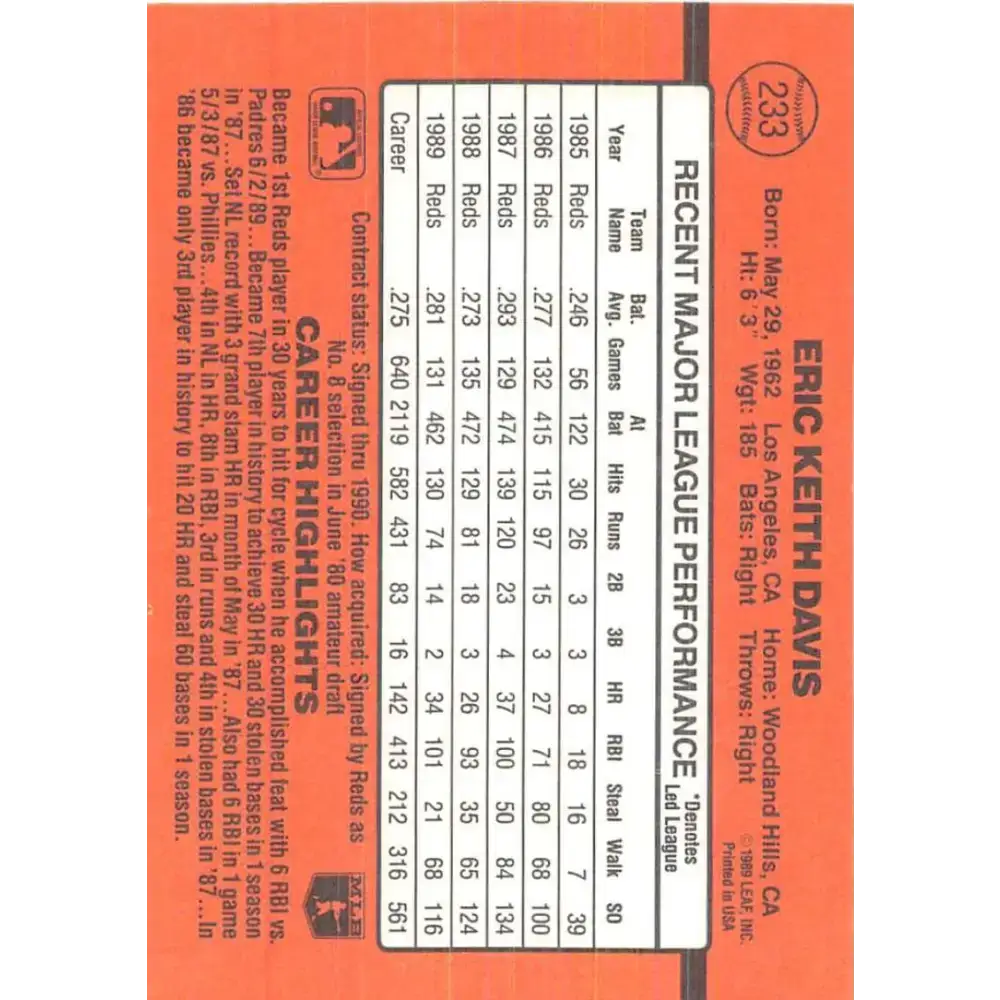 1990 Donruss #233 Eric Davis VG-EX Cincinnati Reds Baseball Card - Baseball Card Single
