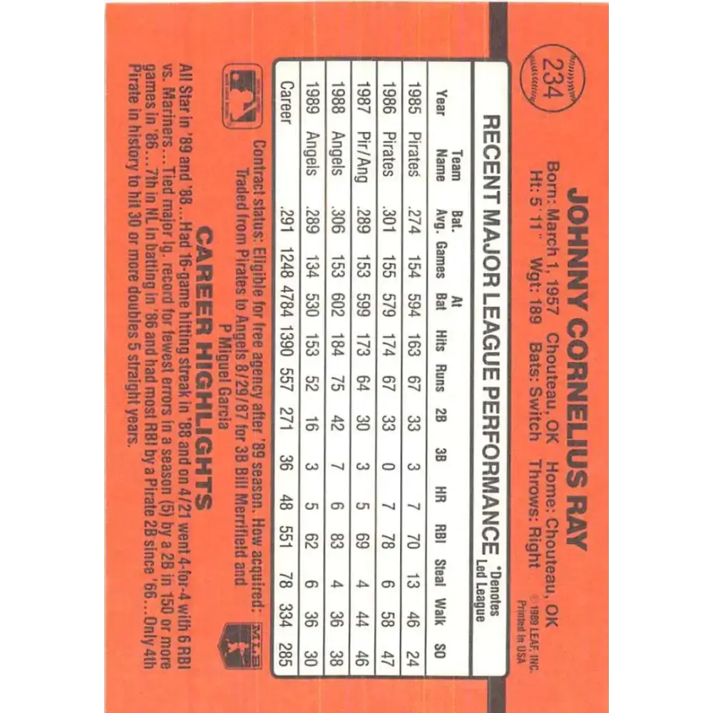 1990 Donruss #234 Johnny Ray VG-EX California Angels Baseball Card - Baseball Card Single