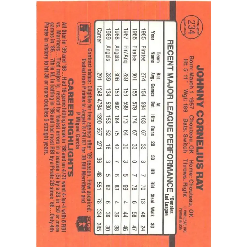 1990 Donruss #234 Johnny Ray VG-EX California Angels Baseball Card - Baseball Card Single