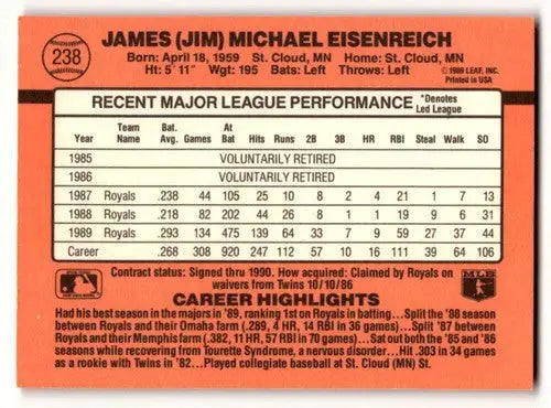 Front of 1990 Donruss Jim Eisenreich Kansas City Royals baseball card back with original gloss