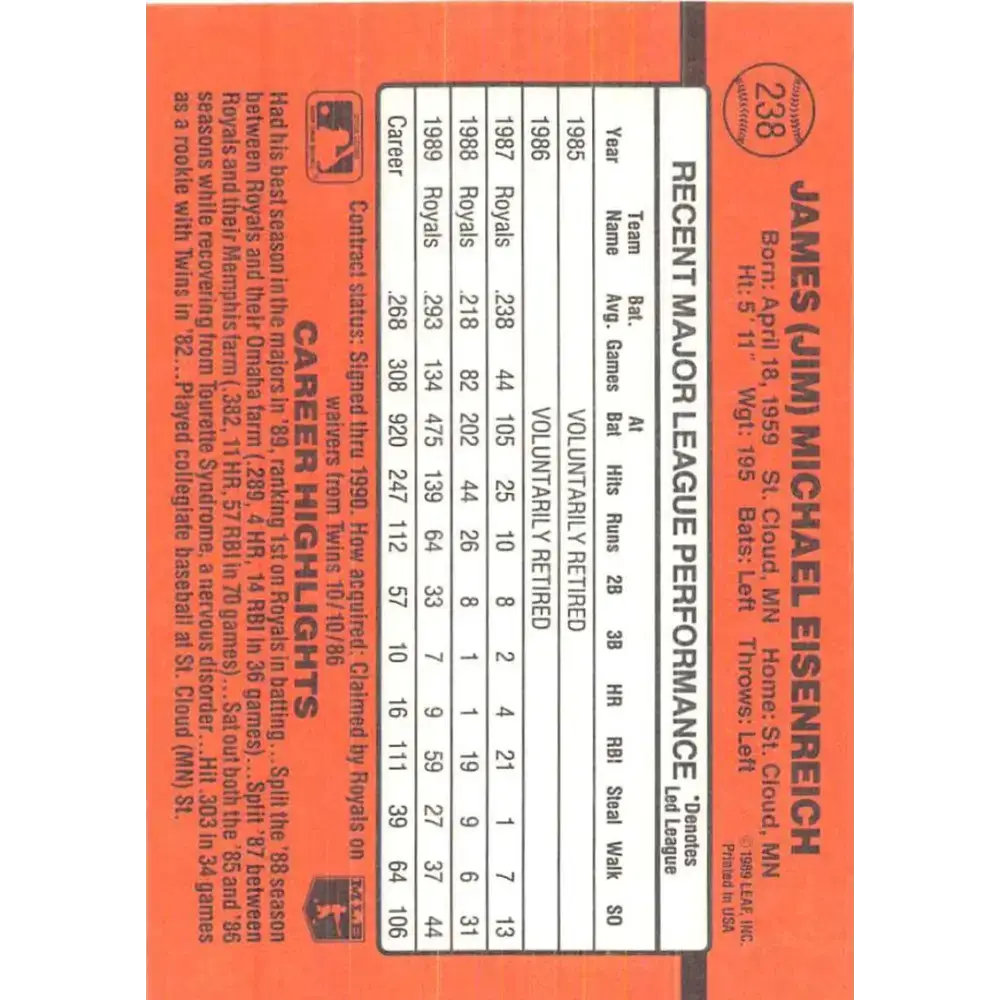 1990 Donruss #238 Jim Eisenreich VG-EX Kansas City Royals Baseball Card - Baseball Card Single
