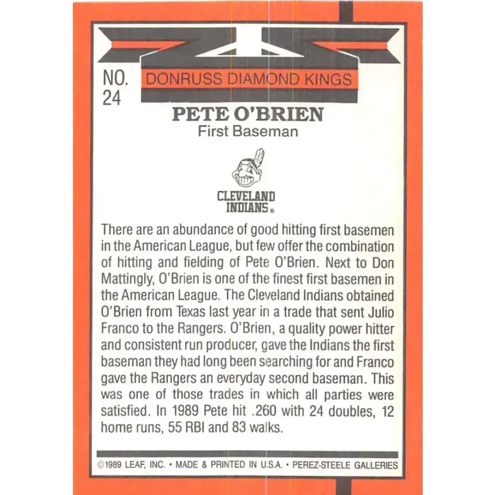 1990 Donruss #24 Pete O’Brien DK VG-EX Cleveland Indians Baseball Card - Baseball Card Single
