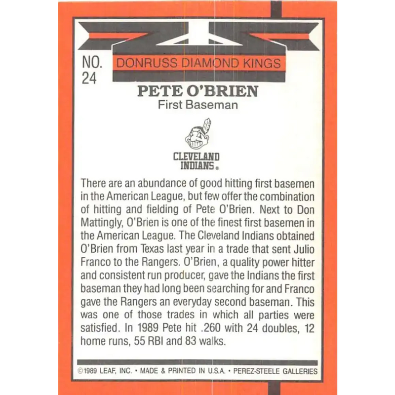 1990 Donruss #24 Pete O’Brien DK VG-EX Cleveland Indians Baseball Card - Baseball Card Single