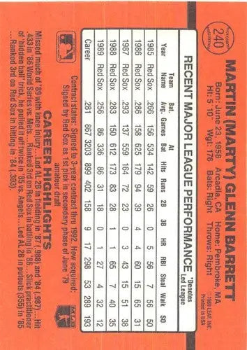 1990 Donruss #240 Marty Barrett NM Near Mint Red Sox - Baseball Card Single