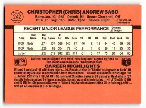 1990 Donruss #242 Chris Sabo Cincinnati Reds Baseball Cards EX/NM ID:54636 - Baseball Card Single